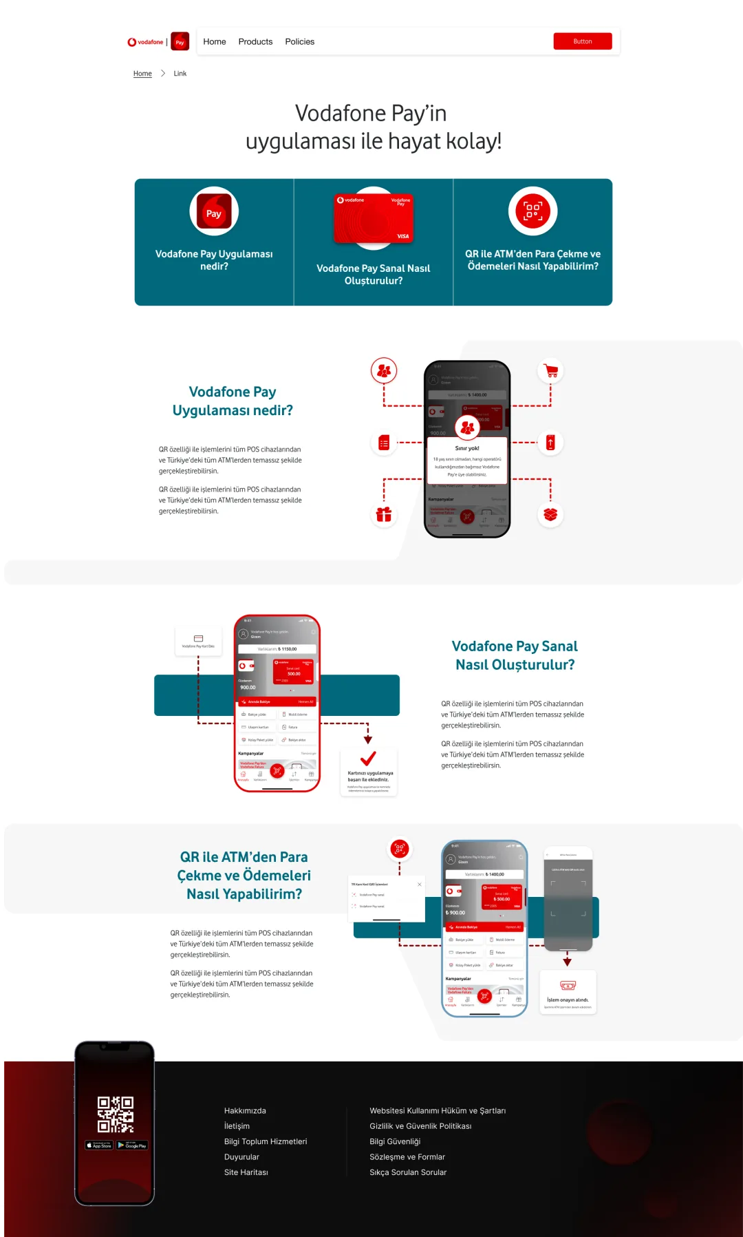 Vodafone Pay how-it-works page — step-by-step QR, ATM and payment tutorials